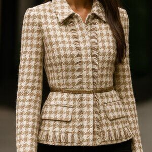 Allen by Allen Schwartz fitted jacket, metallic gold, winter white, caramel